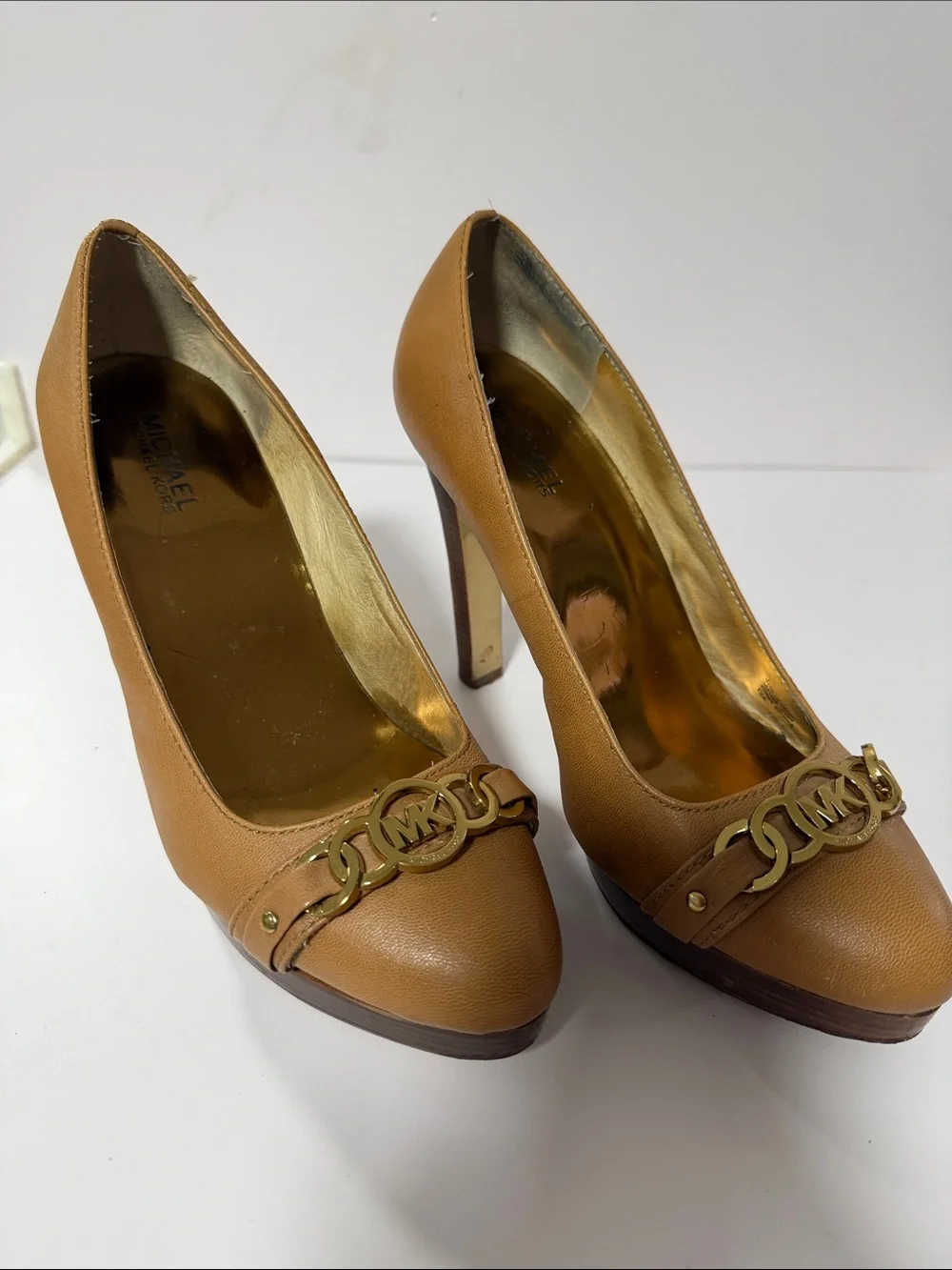 Michael Kors Camel Tan Leather Platform Pumps with Gold MK Emblem